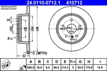 Disc frână ATE, spate, pentru: LEXUS RX; TOYOTA HARRIER 2.2/2.4/3.0 05.97-05.03 3