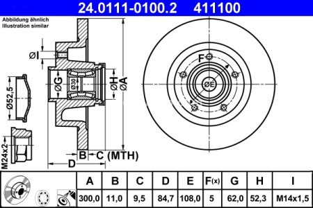 Disc frână ATE, spate, cu rulment (cu inel ABS) pentru: RENAULT ESPACE IV, LAGUNA II, LATITUDE, VEL SATIS 1.6-3.5 03.01- 3