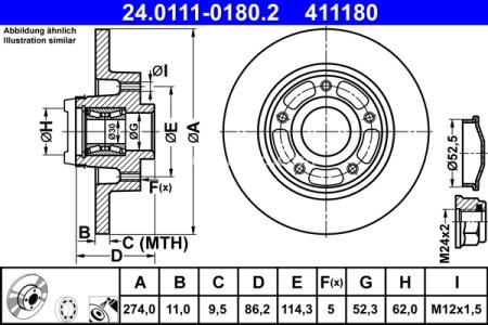 Disc frână ATE, spate, cu rulment (cu inel ABS) pentru: RENAULT FLUENCE, GRAND SCENIC III, LATITUDE, SCENIC III 1.2-Electric 02.09- 3