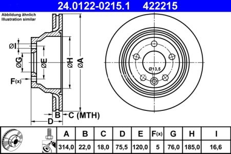 Disc frână ATE, spate, pentru: VW CALIFORNIA T5 CAMPER, MULTIVAN T5, TOUAREG, TRANSPORTER T5 1.9D-6.0 10.02-03.18 3
