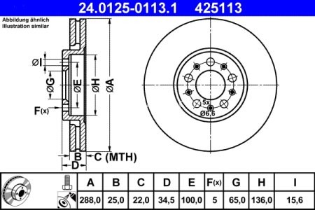 Disc frână ATE, față, pentru: SEAT ALTEA, CORDOBA, IBIZA III, IBIZA IV, IBIZA IV SC, IBIZA IV ST, IBIZA IV/HATCHBACK, LEON 0.9-Electric 10.85- 3