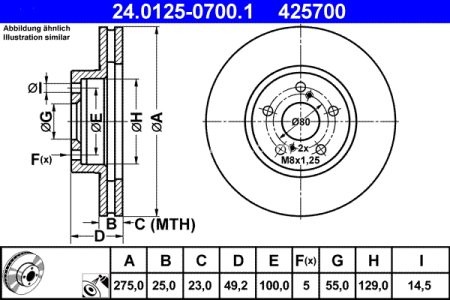 Disc frână ATE, față, pentru: TOYOTA ALLION I, CALDINA, CELICA, OPA, PREMIO 1.5/1.8/2.0 08.99-06.07 3
