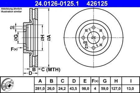 Disc frână ATE, față, pentru: ALFA ROMEO MITO; FIAT BRAVO II, STILO, TIPO; LANCIA DELTA III 1.1-2.4 01.88-10.18