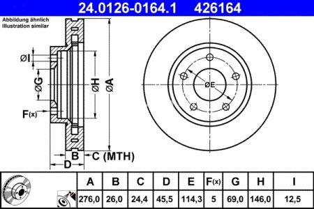 Disc frână ATE, față, pentru: DODGE CALIBER; MITSUBISHI LANCER VIII 1.5-2.0D 06.06- 3