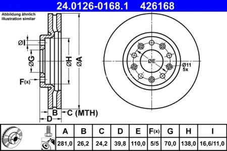 Disc frână ATE, față, pentru: ALFA ROMEO GIULIETTA; FIAT 500X; JEEP RENEGADE 1.0-2.0D 04.10- 3