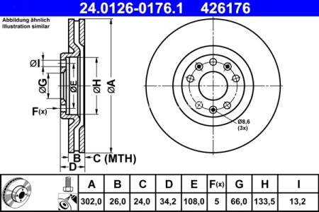 Disc frână ATE, față,  (modelat / puternic carbonatat) pentru: PEUGEOT RCZ 1.6/2.0D 03.10-12.15 3