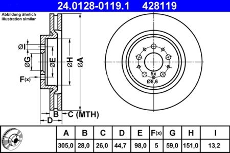 Disc frână ATE, față, pentru: ALFA ROMEO 147, 156, GTV, SPIDER 3.0/3.2 09.94-03.10 3