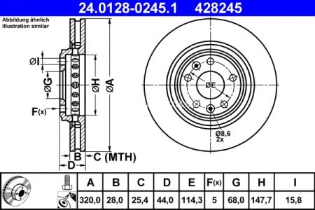 Disc frână ATE, față,  (modelat / puternic carbonatat) pentru: RENAULT CLIO IV, ESPACE V, GRAND SCENIC III, GRAND SCENIC IV, LAGUNA, LAGUNA III, LATITUDE, MEGANE III 1.2-3.5 10.07- 3