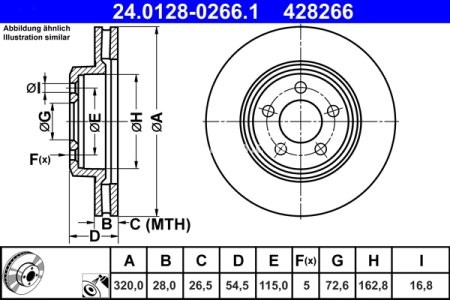 Disc frână ATE, față, pentru: CHRYSLER 300C; DODGE CHALLENGER, CHALLENGER SE, CHARGER, MAGNUM, MAGNUM II 2.7-6.4 09.04- 3