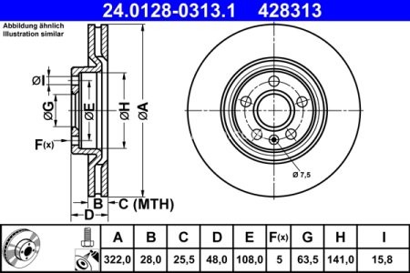 Disc frână ATE, față, pentru: VOLVO S60 III, S90 II, V60 II, V90 II, XC40, XC60 II 1.5-2.0H 03.16-