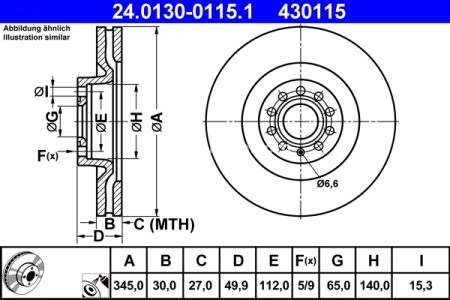 Disc frână ATE, față, pentru: AUDI A3; SEAT LEON; SKODA SUPERB II; VW EOS, GOLF IV, GOLF V, GOLF VI, PASSAT B6, SCIROCCO III 1.2-3.6 05.03-11.17 3