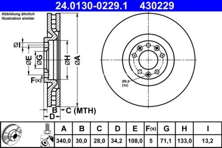 Disc frână ATE, față,  (modelat / puternic carbonatat) pentru: PEUGEOT RCZ 1.6/2.0D 03.10-12.15 3