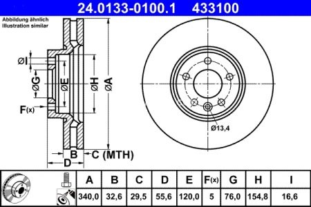Disc frână ATE, față,  (puternic carbonatat; cu suruburi) pentru: VW CALIFORNIA T5 CAMPER, CALIFORNIA T6 CAMPER, MULTIVAN T5, MULTIVAN T6, PASSAT B6, PASSAT B7 1.6D-Electric 04.03- 3