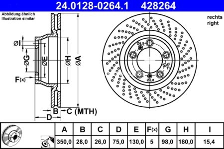 Disc frână ATE, spate, dreapta (modelat / puternic carbonatat) se potrivește: PORSCHE 911 3.6/3.8 03.06-12.12 3