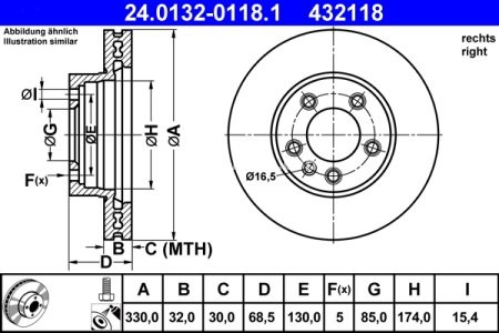 Disc frână ATE, față, dreapta (modelat / puternic carbonatat) se potrivește: PORSCHE CAYENNE; VW TOUAREG 2.5D-6.0 09.02-03.18 3