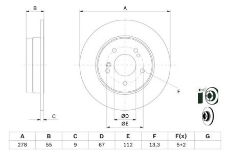 Disc frână BOSCH, spate, pentru: MERCEDES 124 (A124), 124 (C124), 124 T-MODEL (S124), 124 (W124), C (CL203), C T-MODEL (S202), C (W202), C (W203), C (W204) 1.8-3.6 09.85-01.14 3
