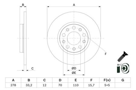 Disc frână BOSCH, spate, pentru: CHRYSLER 200; JEEP CHEROKEE 2.0-3.2 11.13- 3