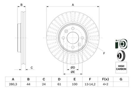 Disc frână BOSCH, față, pentru: DACIA DOKKER, DOKKER EXPRESS/MINIVAN, LODGY; RENAULT CAPTUR I, CLIO II, CLIO III, CLIO V, GRAND SCENIC II, KANGOO, KANGOO EXPRESS 1.0-3.0 11.93- 3