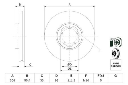 Disc frână BOSCH, față, pentru: FORD TOURNEO CUSTOM V362, TRANSIT CUSTOM V362, TRANSIT V363 2.0D/2.2D 04.12-
