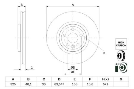 Disc frână BOSCH, față, pentru: JAGUAR F-PACE, XE, XF II; LAND ROVER RANGE ROVER VELAR 2.0-3.0H 03.15- 3