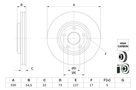Disc frână BOSCH, față, pentru: JEEP GRAND CHEROKEE, GRAND CHEROKEE III, GRAND CHEROKEE IV 3.0D-6.4 01.09-