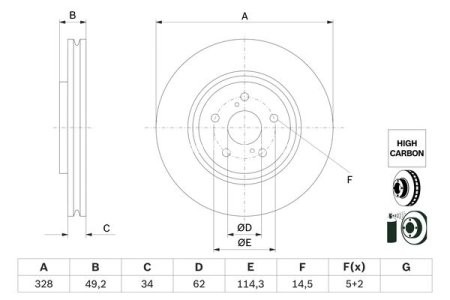 Disc frână BOSCH, față, pentru: LEXUS NX II, RX; TOYOTA BZ4X, HIGHLANDER / KLUGER, RAV 4 V 2.0-Electric 05.07-