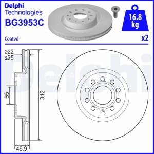 Set discuri frână DELPHI (2 buc.) ,față,  pentru: AUDI A1, A3, A3 ALLSTREET, Q2, Q3, TT; CUPRA FORMENTOR, LEON, LEON SPORTSTOURER; SEAT ALHAMBRA, ALTEA 1.0-Electric 03.99- 3