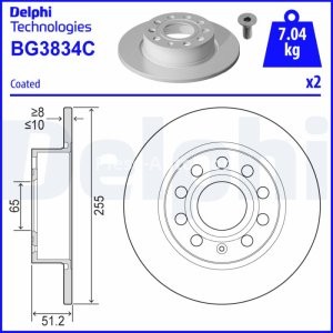 Set discuri frână DELPHI (2 buc.) spate, pentru: AUDI A3; SEAT ALTEA, ALTEA XL, LEON, LEON SC, LEON ST, LEON ST/KOMBI, TOLEDO III; SKODA OCTAVIA II 1.0-Electric 05.03- 3