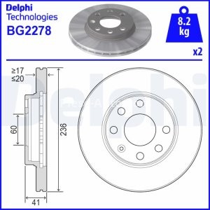 Set discuri frână DELPHI (2 buc.) ,față,  pentru: CHEVROLET CORSA, LANOS; DAEWOO LANOS, NEXIA; OPEL ASCONA C, ASTRA F, ASTRA F CLASSIC, ASTRA F/KOMBI, COMBO/MINIVAN 1.2-2.0 09.82-
