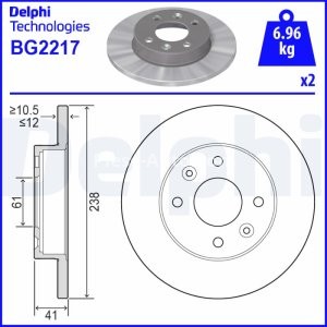 Set discuri frână DELPHI (2 buc.) ,față,  pentru: DACIA LOGAN, LOGAN MCV, NOVA, SANDERO; RENAULT 11, 18, 18 VARIABLE, 19 I, 19 I CHAMADE, 19 II, 19 II CHAMADE 1.0-Electric 09.81- 3