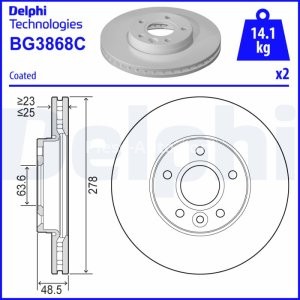 Set discuri frână DELPHI (2 buc.) ,față,  pentru: VOLVO C30, C70 II, S40 II, V40, V50; FORD C-MAX, C-MAX II, FOCUS C-MAX, FOCUS II, FOCUS III 1.0-Electric 10.03-02.20 3