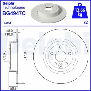 Set discuri frână DELPHI (2 buc.) spate, pentru: LAND ROVER RANGE ROVER EVOQUE 2.0/2.0D/2.2D 06.11-12.19