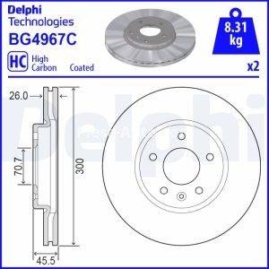 Set discuri frână DELPHI (2 buc.) ,față,  pentru: OPEL ASTRA J, INSIGNIA B, INSIGNIA B COUNTRY, INSIGNIA B GRAND SPORT 1.5-2.0D 06.12- 2