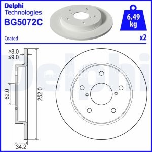 Set discuri frână DELPHI (2 buc.) spate, pentru: SUZUKI SWIFT V 1.4H 03.20-