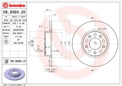 Disc frână BREMBO, spate,  pentru: ALFA ROMEO 159, BRERA, GIULIETTA, GIULIETTA/HATCHBACK, SPIDER, TONALE; FIAT 500X; JEEP COMPASS, RENEGADE 1.0-2.4 06.05- 3