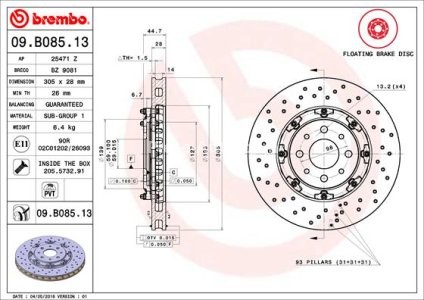 Disc frână BREMBO, din două piese, față, pentru: ABARTH 500 / 595 / 695, 500C / 595C / 695C 1.4 08.08-