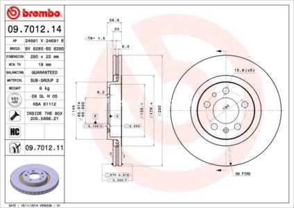 Disc frână BREMBO, față,  (puternic carbonatat; cu suruburi) pentru: AUDI A3; SEAT IBIZA IV, LEON, TOLEDO II; SKODA OCTAVIA I, OCTAVIA I/KOMBI; VW BORA, BORA I 1.4-2.8 09.96-05.15 3