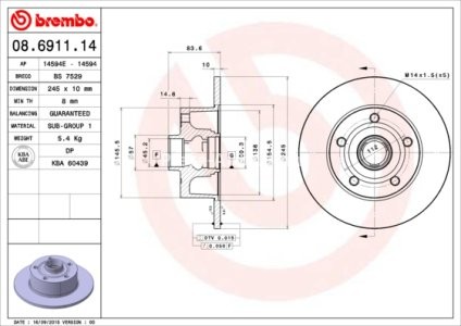 Disc frână BREMBO, spate,  (nici un inel al transmitatorului de impuls ABS) pentru: AUDI A4 B5 1.6-2.8 11.94-09.01 3