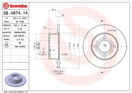 Disc frână BREMBO, spate,  pentru: AUDI 100 C3, 80 B3, 80 B4, 90 B2, 90 B3, CABRIOLET B3, COUPE B2, COUPE B3 1.6-2.8 08.82- 3