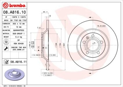 Disc frână BREMBO, spate,  pentru: AUDI A6 ALLROAD C6 2.7D-4.2 03.06-08.11 1