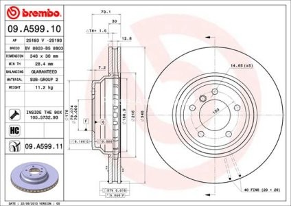 Disc frână BREMBO, față, pentru: BENTLEY ARNAGE; BMW 3 (E90), 3 (E91), 3 (E92), 3 (E93), X1 (E84) 3.0/3.0D/6.8 02.02-12.13
