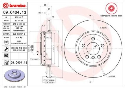 Disc frână BREMBO, din două piese, spate,  pentru: BMW 5 (F10), 5 (F11), 5 GRAN TURISMO (F07), 6 (F12), 6 (F13), 6 GRAN COUPE (F06), 7 (F01, F02, F03, F04) 2.0-4.4 02.08-10.18 3