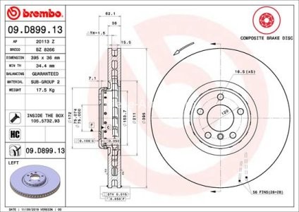 Disc frână BREMBO, față, stânga, pentru: BMW X5 (E70), X5 (F15, F85), X6 (E71, E72), X6 (F16, F86) 2.0-4.4 07.09-07.19 1