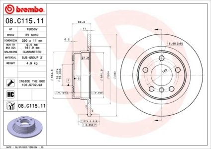 Disc frână BREMBO, spate,  pentru: BMW 1 (F20), 1 (F21), 2 (F22, F87), 2 (F23) 1.5-2.0D 07.11- 3