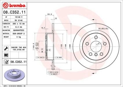 Disc frână BREMBO, spate,  pentru: BMW 1 (F40), 2 (F45), 2 GRAN COUPE (F44), 2 GRAN TOURER (F46), 2 GRAN TOURER VAN (F46), 2 (U06), I3 (I01), X1 (F48), X1 (U11) 0.65H-Electric 08.13- 3
