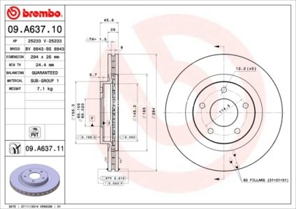 Disc frână BREMBO, față, pentru: CHRYSLER 200, SEBRING; DODGE AVENGER, CALIBER, JOURNEY; JEEP COMPASS, PATRIOT; LANCIA FLAVIA; MITSUBISHI ASX, ECLIPSE CROSS 1.5-3.6ALK 06.06- 3