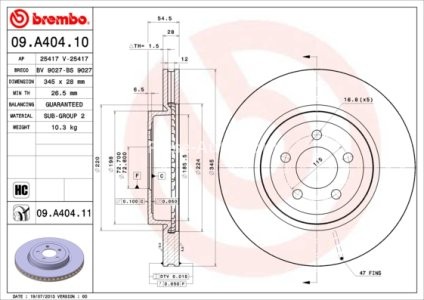 Disc frână BREMBO, față, pentru: CHRYSLER 300C; DODGE CHALLENGER, CHALLENGER SE, CHARGER, MAGNUM, MAGNUM II; LANCIA THEMA 2.7-6.4 09.04- 3