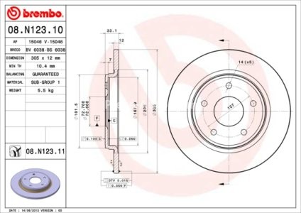 Disc frână BREMBO, spate,  pentru: CHRYSLER GRAND VOYAGER V, VOYAGER V; DODGE GRAND, JOURNEY, NITRO; FIAT FREEMONT; VW ROUTAN 2.0D-4.0 06.07-