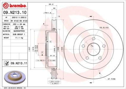 Disc frână BREMBO, spate,  pentru: CHRYSLER VOYAGER V; DODGE JOURNEY; JEEP GRAND CHEROKEE III 2.0D-6.1 03.06- 3