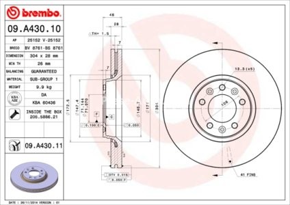 Disc frână BREMBO, față, pentru: CITROEN C5 II, C5 III, JUMPY II; FIAT SCUDO; PEUGEOT 407, 407/KOMBI, EXPERT, EXPERT TEPEE; TOYOTA PROACE 1.6-2.2D 05.04- 3